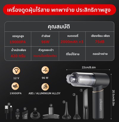 ekeen เครื่องดูดฝุ่นไร้สาย ความแรง 19000 PA แรงดูดสูง พกพาสะดวก