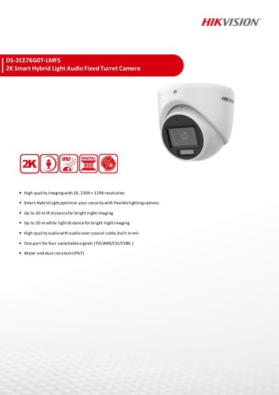 Hikvision DS-2CE76G0T-LMFS 2.8mm 2K Turbo HD Camera Smart Hybrid Ligth กล้องวงจรปิด