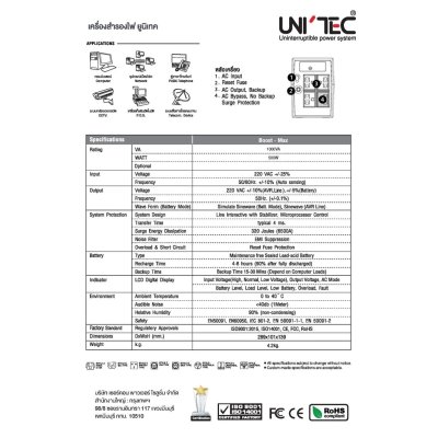 Unitec Boost Max UPS-1000VA/500W เครื่องสำรองไฟยูนิเทค