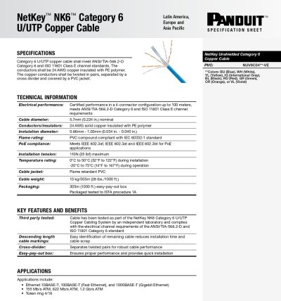 Panduit Netkey NUC6C04BU-FE CAT6 Indoor UTP Cable 305M/Box สายแลน