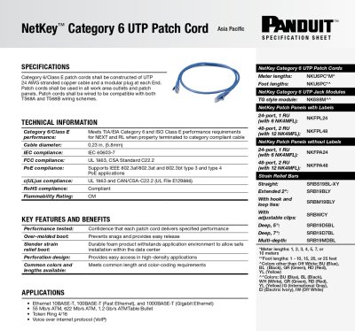 Panduit Netkey NKU6PC2MBU CAT6 Indoor UTP Copper Patch Cord Category 2M สายแลน