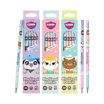 ยกแพ็ค 12 กล่อง Masterart ดินสอดำแฟนซี Blacklead Pencil 2B No.1 Happy Life + กบเหลา 1 กล่อง 12 แท่ง