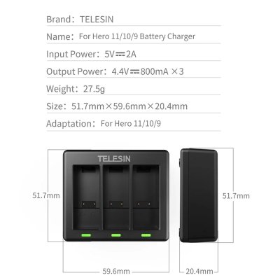 Telesin GoPro Charger Battery 3 Channel For GoPro 13 12 11 10 9 แท่นชาร์จ 3 ช่อง โกโปร