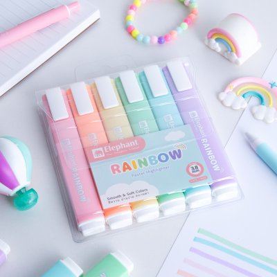 ยกกล่อง 12 ชิ้น Elephant Pastel Rainbow Highlighter ปากกาเน้นข้อความ 3.8 mm.