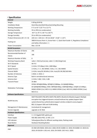 Hikvision Smart Managed Access Point DS-3WAP622E-SI 3000 Mbps Wi-Fi 6 Ceiling อุปกรณ์กระจายสัญญาณ