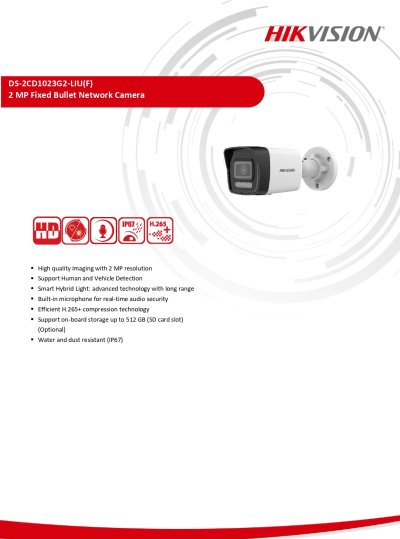 Hikvision Network Camera IP รุ่น DS-2CD1023G2-LIU 2.8MM กล้องวงจรปิดมีไมค์ในตัว สีขาว Hikvision Network Camera IP รุ่น DS-2CD1023G2-LIU 2.8MM กล้องวงจรปิดมีไมค์ในตัว สีขาว