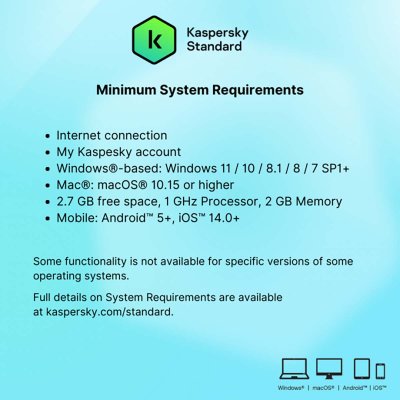 Kaspersky Standard โปรแกรมป้องกันไวรัส 3 Devices 1 Year สำหรับ PC Mac and Mobile