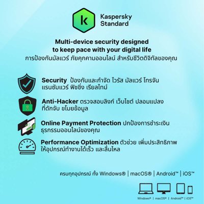 Kaspersky Standard โปรแกรมป้องกันไวรัส 3 Devices 1 Year สำหรับ PC Mac and Mobile