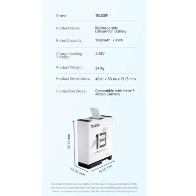 Telesin Stamina Battery For Hero 13 อุปกรณ์เสริมโกโปร แบตโกโปร