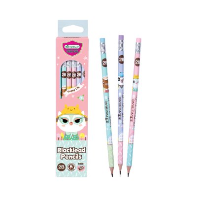 ยกแพ็ค 12 กล่อง Masterart ดินสอดำแฟนซี Blacklead Pencil 2B No.1 Happy Life + กบเหลา 1 กล่อง 12 แท่ง