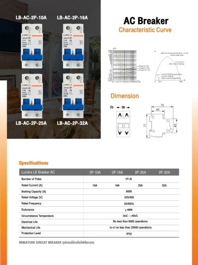 Lumira MCB 2P Breaker AC 220-415V เบรกเกอร์แบบเกาะราง