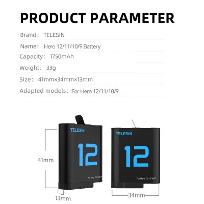 Telesin Rechargeable Lithium - Ion Battery For Hero 12,11,10,9 อุปกรณ์เสริมโกโปร แบตโกโปร