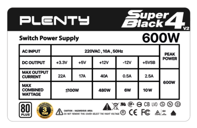 Plenty Super Black 4 V.2 600W 80+ Power Supply พาวเวอร์ซัพพลาย