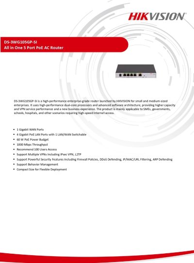 Hikvision DS-3WG105GP-SI 5-Port Gigabit PoE Smart Managed Router เราเตอร์