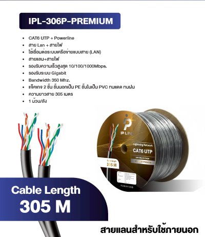IP-Link IPL-306P Lan Cat 6 Outdoor + สายไฟ 305M สายแลนสำหรับภายนอก
