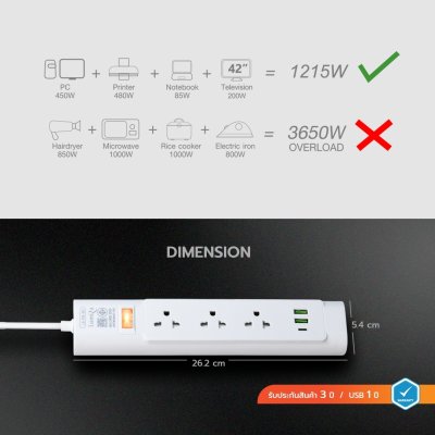 Lumira LS-703/2U 3M White 3Outlet 2Usb 2300W ปลั๊กสามตา