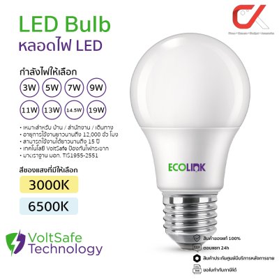 ECOLINK หลอดไฟ LED Bulb 13W 6500K ขั้วE27 หลอดประหยัดไฟ ประกัน 2 ปี