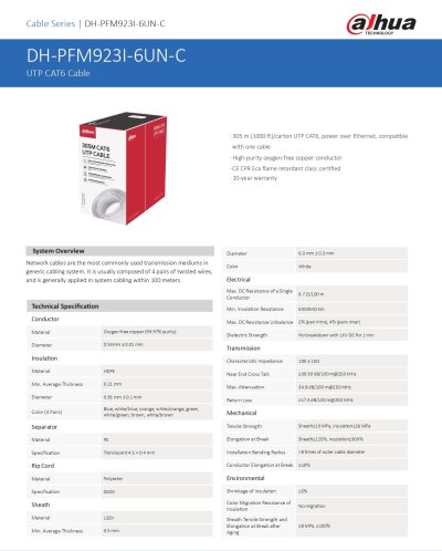 Dahua DH-PFM923I-6UN-CC Cat6 UTP Cable 305mbox Indoor สายแลนภายใน
