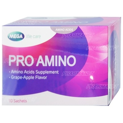 Mega we care pro amino grape-apple flavor (1กล่อง/10ซอง) เมก้า วีแคร์ โปรอะมิโน รสองุ่น แอปเปิ้ล