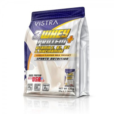 Vistra 3 whey protein + vitamin e, b1, b2 & niacinamide วิสทร้า 3 เวย์ โปรตีน พลัส วิตามินอี, บี1, บี2 & ไนอะซินาไมด์ กลิ่นวานิลลา