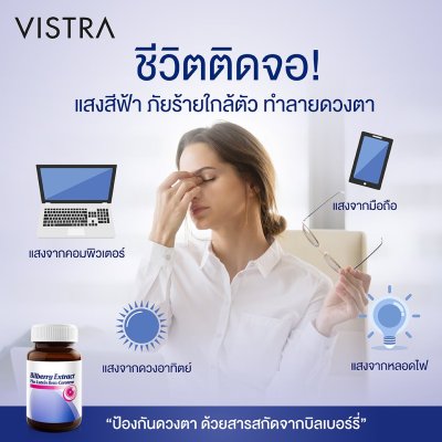 Vistra Bilberry extract plus lutein beta carotene 30 แคปซูล วิสทร้า บิลเบอร์รี่ ผสมลูทีนและวิตามินอี