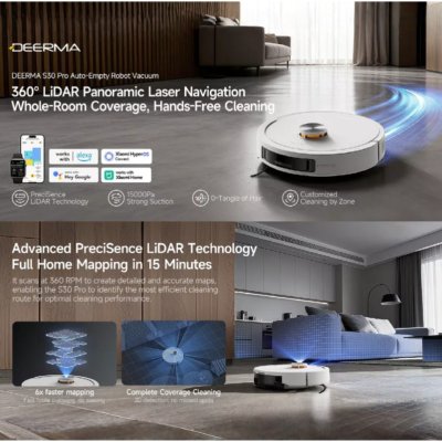 DEERMA S30 Pro หุ่นยนต์ดูดฝุ่นถูพื้นอัจฉริยะ ระบบเลเซอร์นำทาง LiDAR 360° Auto-Empty Robot Vacuum แรงดูด 15 kPa