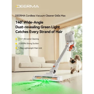 Deerma G40s Max Cordless Vacuum Cleaner เครื่องดูดฝุ่นไร้สาย แรงดูด 22kPa พร้อมไฟสีเขียวส่องฝุ่นมุมกว้าง 140°