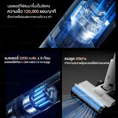 Deerma T10W เครื่องดูดฝุ่นไร้สาย 20kPa พร้อม ไฟเขียวส่องฝุ่น