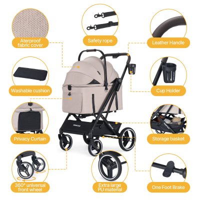 Beberoad X3 2 in 1 Pet Stroller | 4 Wheels Lightweight Foldable Carrier- Beige