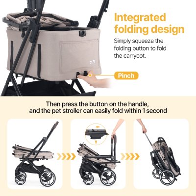 Beberoad X3 2 in 1 Pet Stroller | 4 Wheels Lightweight Foldable Carrier- Beige
