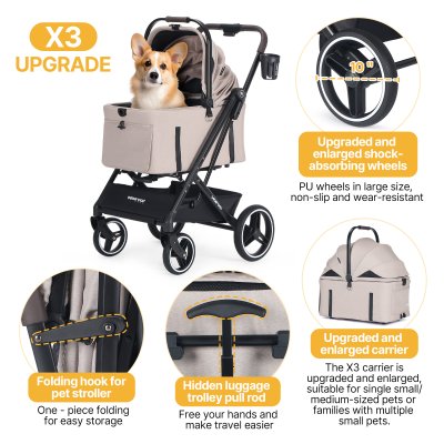 Beberoad X3 2 in 1 Pet Stroller | 4 Wheels Lightweight Foldable Carrier- Beige