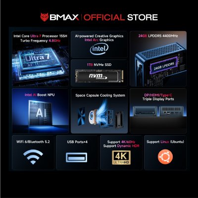 BMAX B11 Power Intel Ultra 7 155H Ai GPU RAM 24GB DDR5 + SSD 1TB