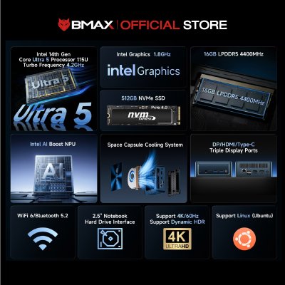 BMAX B11 Pro  Ultra 5 115U Ai Cpu RAM 16GB DDR5 + SSD 512GB
