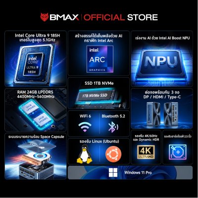 BMAX B12 Power Intel Ultra 9 185H Ai GPU RAM 24GB DDR5 + SSD 1TB
