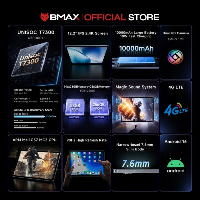 BMAX i12A Power 12.2 Inch T7300 8GB/256GB Android 16 4G Tablet