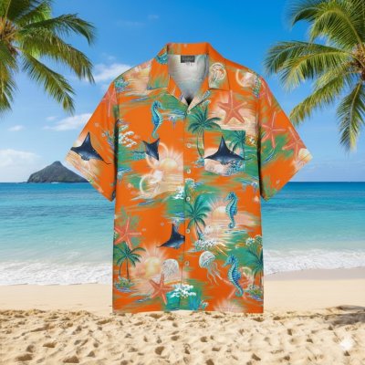 เสื้อฮาวายลายแรนดอมม้าน้ำปลาดาว