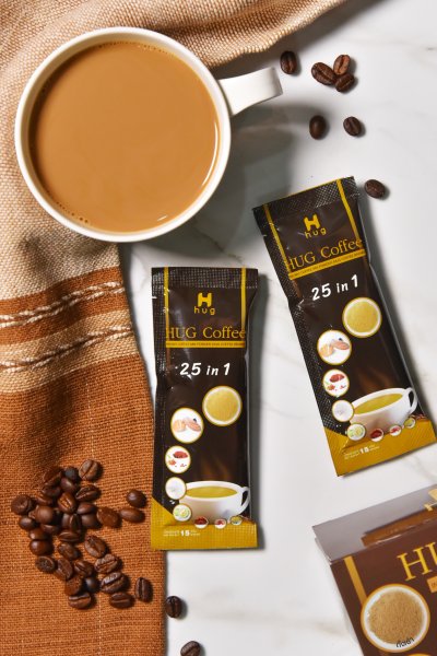 HUG Coffee กาแฟสุขภาพไม่มีน้ำตาล ประกอบไปด้วยสมุนไพร 25 ชนิด เซ็ต 6 กล่อง แถมฟรี 10 ซอง