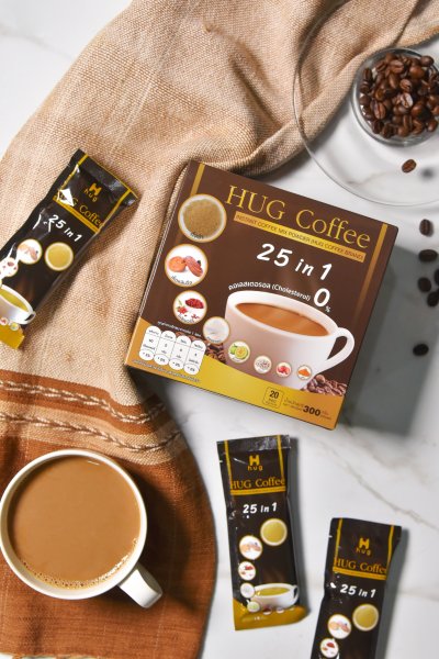 HUG Coffee กาแฟสุขภาพไม่มีน้ำตาล ประกอบไปด้วยสมุนไพร 25 ชนิด เซ็ต 6 กล่อง แถมฟรี 10 ซอง