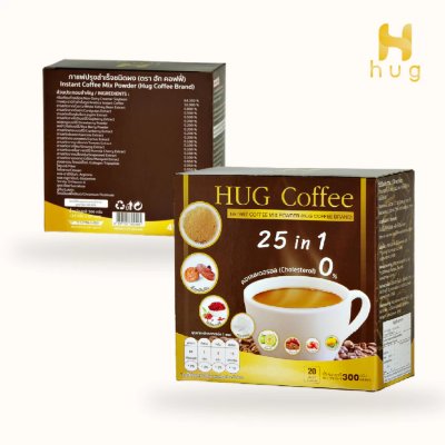 HUG Coffee กาแฟสุขภาพไม่มีน้ำตาล ประกอบไปด้วยสมุนไพร 25 ชนิด เซ็ต 6 กล่อง แถมฟรี 10 ซอง