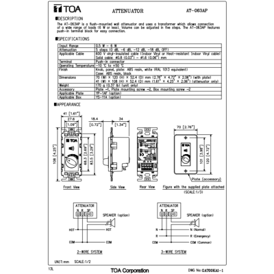 TOA AT-063AP วอลลุ่ม ปรับระดับเสียง 6 W เพิ่ม-ลด ระดับเสียง ติดผนัง