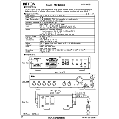 TOA A-2030 H | มิกเซอร์แอมป์ 30 วัตต์ MONO 3 MIC , 2 AUX Mixer Power Amplifier 30W