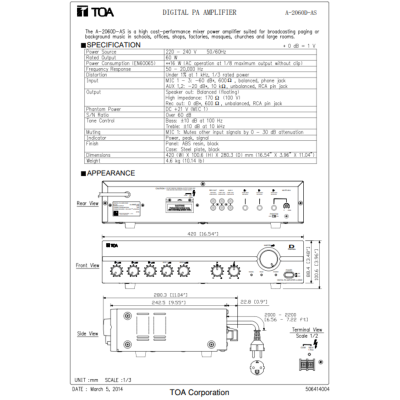 TOA A-2060D-AS | มิกเซอร์แอมป์ 60 วัตต์ MONO 3 MIC , 2 AUX Mixer Power Amplifier 60W