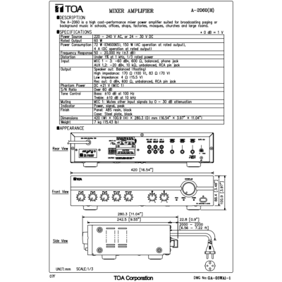 TOA A-2060 H | มิกเซอร์แอมป์ 60 วัตต์ MONO 3 MIC , 2 AUX Mixer Power Amplifier 60W