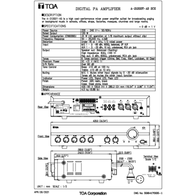 TOA A-2120DT-AS | มิกเซอร์แอมป์ 120 วัตต์ MONO 3 MIC , 2 AUX Mixer Power Amplifier 120W