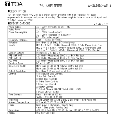 TOA A-2128M AS | มิกเซอร์แอมป์ 120W x 2 PA Amplifier