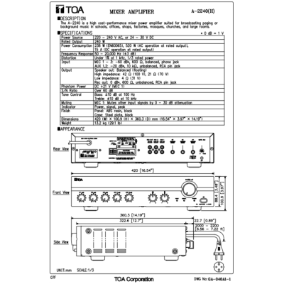 TOA A-2240 H | มิกเซอร์แอมป์ 240 วัตต์ MONO 3 MIC , 2 AUX Mixer Power Amplifier 240W