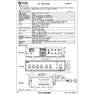 TOA A-230 HV | เครื่องขยายเสียง 30 วัตต์ MONO 3 MIC , 1 AUX Power Amplifier 30W