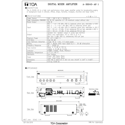 TOA A-3224D-AS | มิกเซอร์แอมป์ 240 วัตต์ 4 MIC , 2AUX