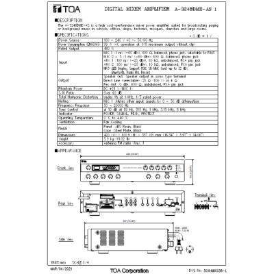 TOA A-3248DME-AS | มิกเซอร์แอมป์ 480 วัตต์ 4 MIC , 2AUX  Digital PA Amplifier + MP3 + EQ 5 Band (480 W)