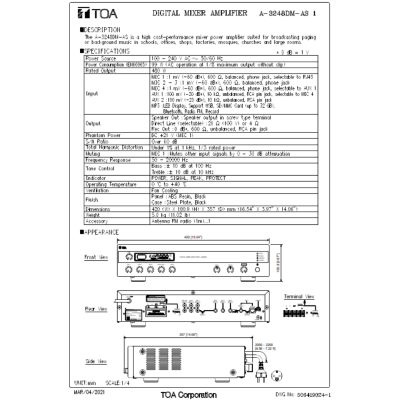 TOA A-3248DM-AS | มิกเซอร์แอมป์ 480 วัตต์ MP3 / USB / Bluetooth